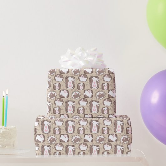 Papier Cadeau Lapins blancs sur Tan (Cadeaux de fête)