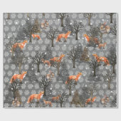 Papier Cadeau Lapins d'hiver Renards rouges Arbres sur gris acie (Plat)