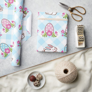 Papier Cadeau Lapins et œufs à carreaux bleus