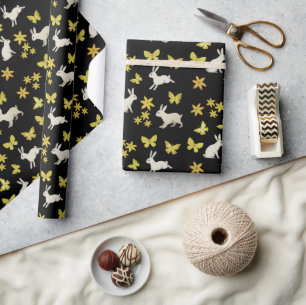 Papier Cadeau lapins et papillons jaunes