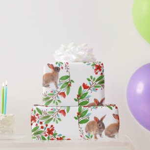 Papier Cadeau Lapins Fleurs de Cerisier Rouges Feuilles Vertes 