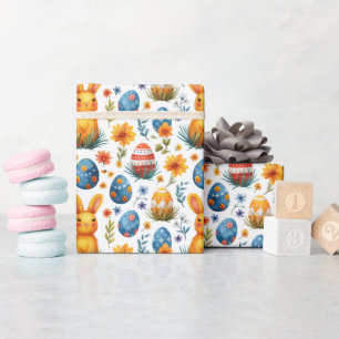 Papier Cadeau Lapins, Oeufs et Fleurs - Pâques