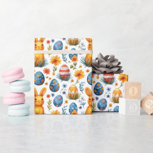 Papier Cadeau Lapins, Oeufs et Fleurs - Pâques (Baby Shower)