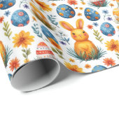 Papier Cadeau Lapins, Oeufs et Fleurs - Pâques (Coin rond)