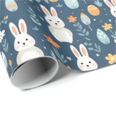 Papier Cadeau Lapins Oeufs Fleurs Bleues Et Oranges (Coin rond)