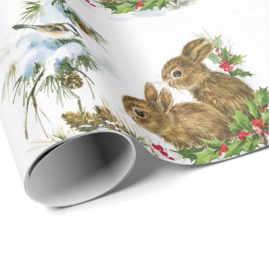 Papier Cadeau Lapins vintages d'hiver (Coin rond)