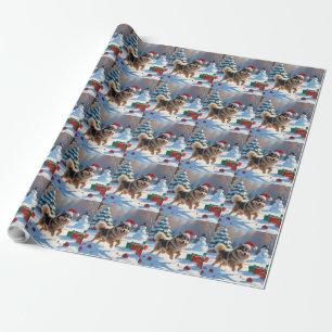 Papier Cadeau Lapphund finnois courant dans la neige avec un cha