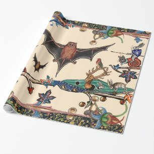 PAPIER CADEAU LARGE BESTIAIRE MÉDIÉVAL, BATS DE VOL ANIMAUX DE F