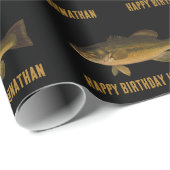 Papier Cadeau Largemouth Bass Fish Pattern Happy Birthday & Name (Coin rond)