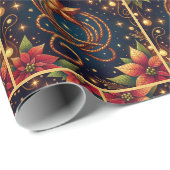 Papier Cadeau Lasso or et étoile avec Poinsettias Noël (Coin rond)