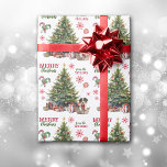 Papier Cadeau Le Berger Australien Puppy Under the Christmas Tre<br><div class="desc">Le motif répété sur ce papier d'emballage de Noël comprend l'image d'un chiot australien Shepherd avec une proue rouge donnant sur un panier en osier. La corbeille se trouve à côté d'un Holiday tree décoré. Le texte rouge et vert stylisé dit MERRY CHRISTMAS", et votre propre signature est dans deux...</div>