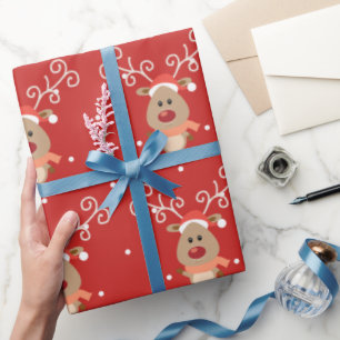 Papier Cadeau Le mignon Rudolph, dessin animé de rennes à nez ro
