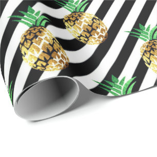 Papier Cadeau Le noir blanc barre l'or d'ananas de fruit