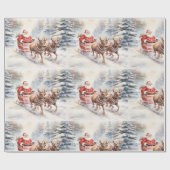 Papier Cadeau Le Père Noël traverse une forêt enneigée avec joie (Plat)