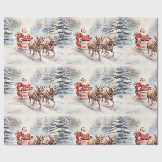 Papier Cadeau Le Père Noël traverse une forêt enneigée avec joie (Plat)