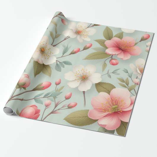 Papier Cadeau Le printemps fleurit dans le bleu oeuf de Robin (Déroulé)
