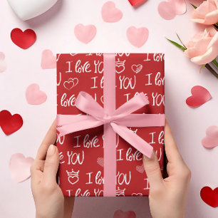 Papier Cadeau Le thème de Valentine Rouge Blanc Je t'aime Motif
