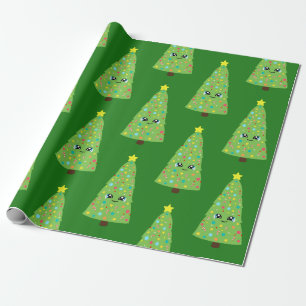 Papier Cadeau Le vert des fêtes souriant l'arbre de Noël Kawaii