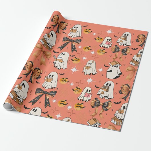 Papier Cadeau Lecture mignonne Halloween Ghosts Bows Bats (Déroulé)
