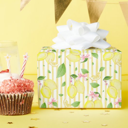 Papier Cadeau Lemon Coquette Pink Bows And Yellow Stripes (Fête d'anniversaire)