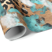 Papier Cadeau Leopard blanc d'or turquoise (Coin rond)