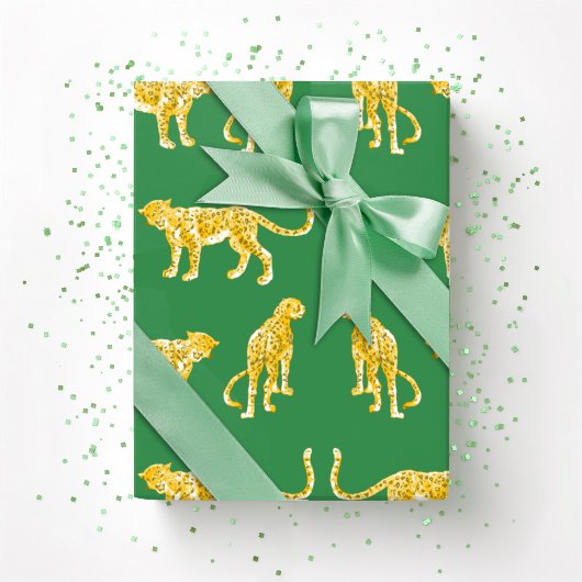 Papier Cadeau Leopard Catwalk in Green and Yellow