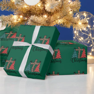 Papier Cadeau Léopard croix arbres de Noël chrétiens 