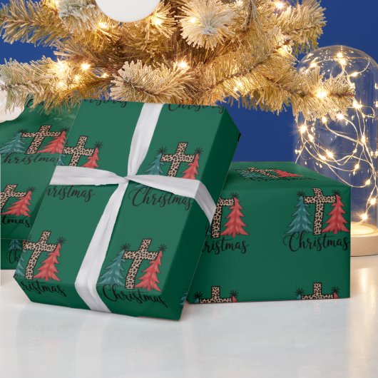 Papier Cadeau Léopard croix arbres de Noël chrétiens (Vacances)