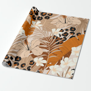 Papier Cadeau Léopard fourrure tropicale feuille fleurs d'hibisc
