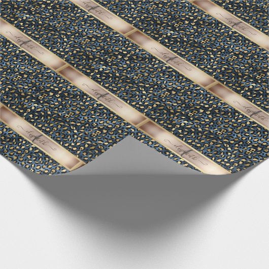 Papier Cadeau Léopard Motif bleu or Monogramme (Coin)