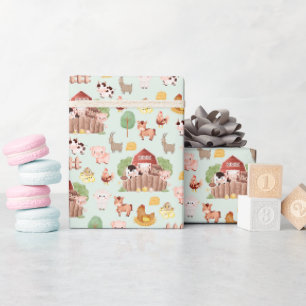 Papier Cadeau Les animaux de ferme mignons sur vert pâle