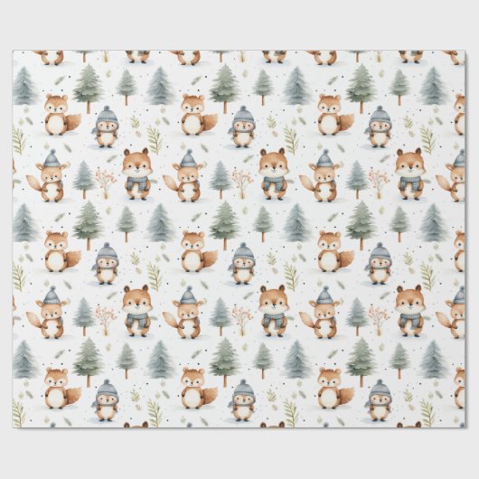 Papier Cadeau Les animaux de la forêt mignonnes Écureuils en hiv (Plat)