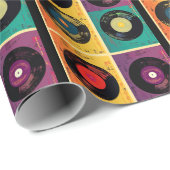 Papier Cadeau les années 70 Motif de disques vinyle Retro (Coin rond)