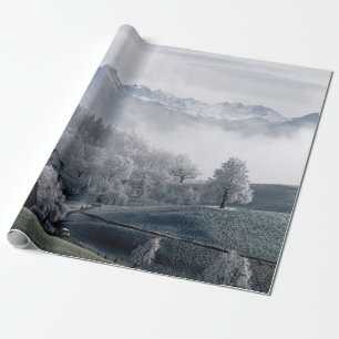 PAPIER CADEAU LES ARBRES AU BORD DE LA MONTAGNE CAPPÉE DE NEIGE