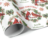 Papier Cadeau Les cardinaux rouges dans Noël de la couronne (Coin rond)