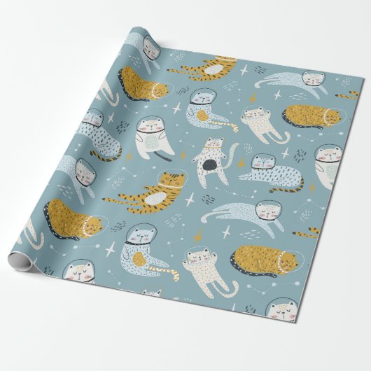 Papier Cadeau Les chats mignons dans l'espace idiot conviennent (Déroulé)