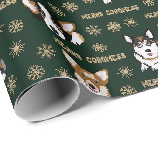 Papier Cadeau Les Corgis fêtent Noël - emballage vert motif (Coin rond)
