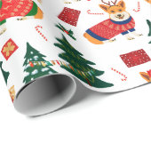 Papier Cadeau Les Corgis fêtent Noël - motif blanc (Coin rond)