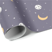 Papier Cadeau Les étoiles spatiales fusées lunes et planètes (Coin rond)