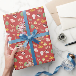 Papier Cadeau Les mignons animaux de ferme sur le rouge prismati