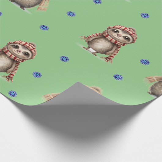 Papier Cadeau Les mignons animaux en Écharpes Noël sur le vert (Coin)
