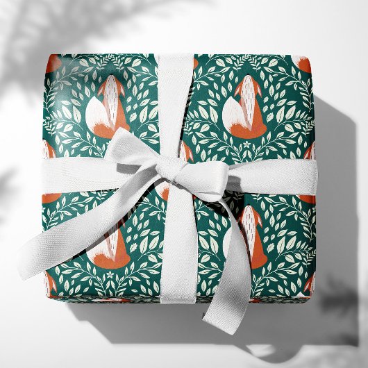 Papier Cadeau Les mignons renards en orange et vert