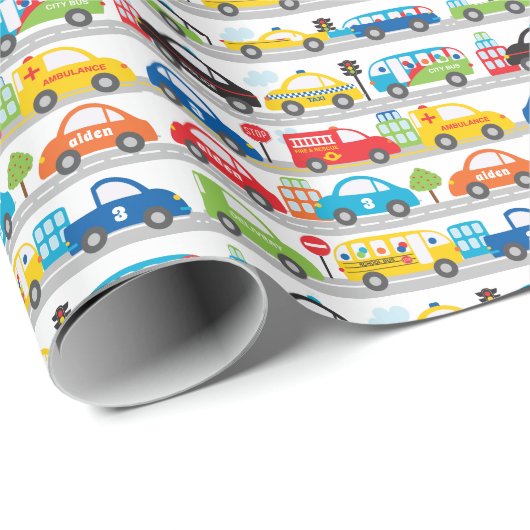 Papier Cadeau Les objets du garçon qui déplacent les véhicules N (Coin rond)