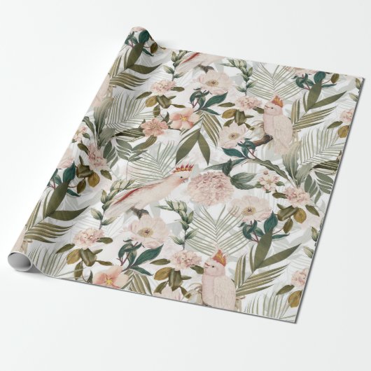 Papier Cadeau Les oiseaux tropicaux Cockatoo Jungle Motif - Blan (Déroulé)