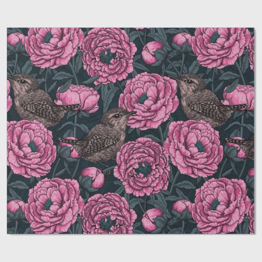 Papier Cadeau Les pivoines et les brins sur gris foncé (Plat)