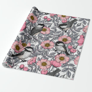 Papier Cadeau Les poulets dans la nature rose, rose et gris