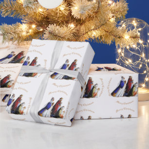 Papier Cadeau Les Trois Magi Portant cadeaux et voeux de Noël