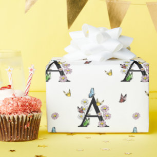 Papier Cadeau Lettre A Floral Aquarelle Papillon Monogramme