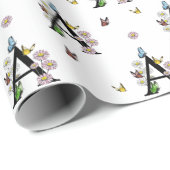 Papier Cadeau Lettre A Monogramme Papillon Aquarelle Florale     (Coin rond)