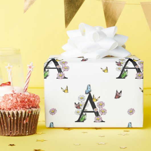 Papier Cadeau Lettre A Papillon Monogramme Aquarelle Florale (Fête d'anniversaire)
